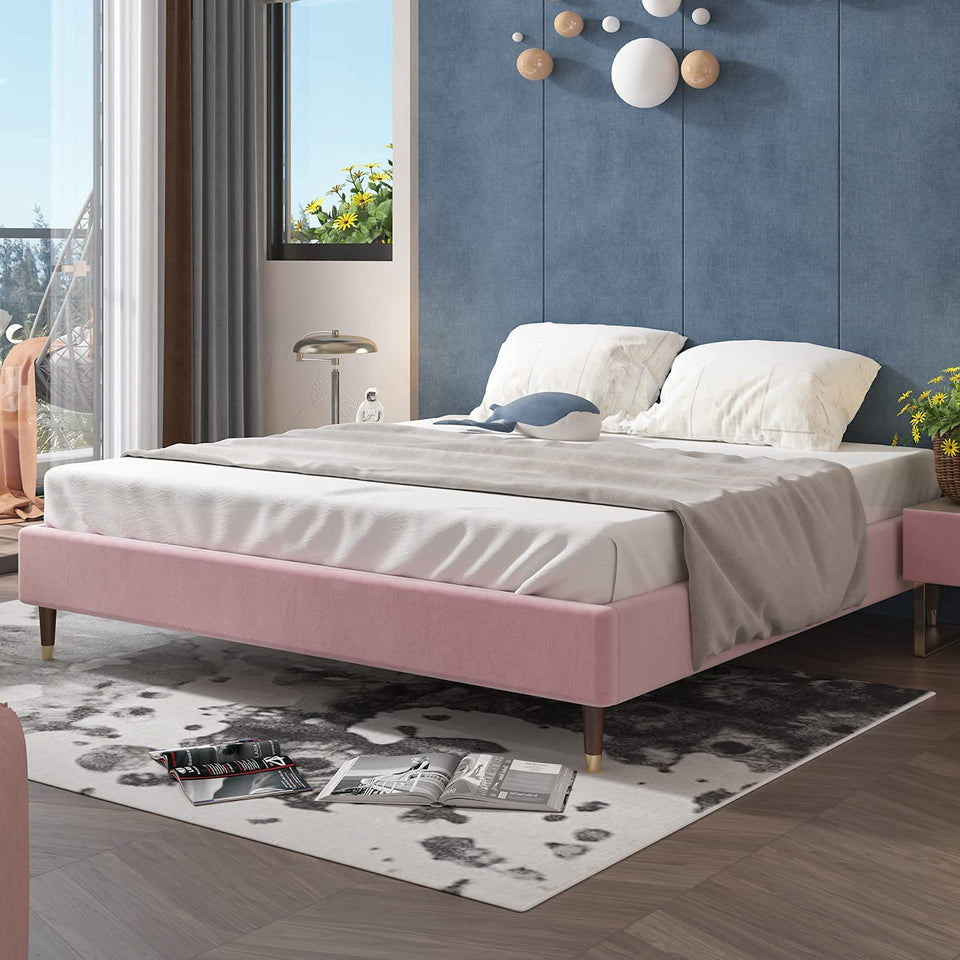 New Full/Queen Size Bed Frame Light Pink Adjustable Headboard Height Flannelette Soft-Packed Bed Bedroom Furniture Easy Assemble