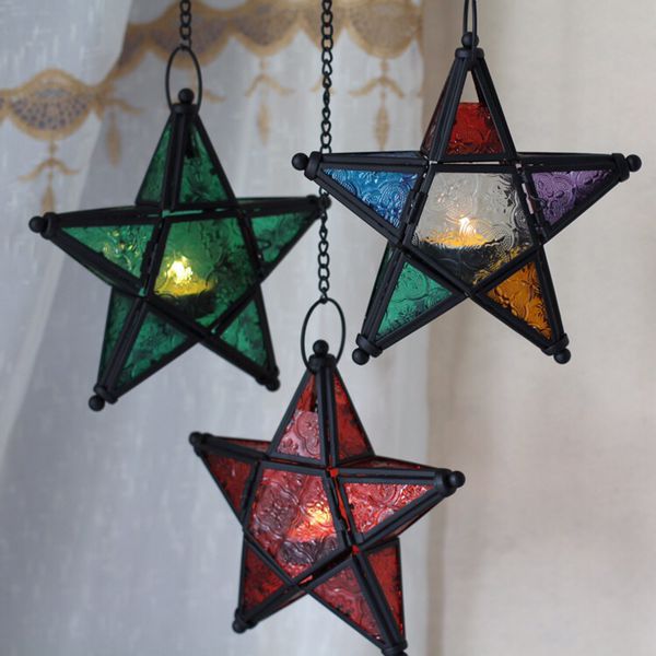 Colorful embossed glass Pentagram iron candlestick wind lamp