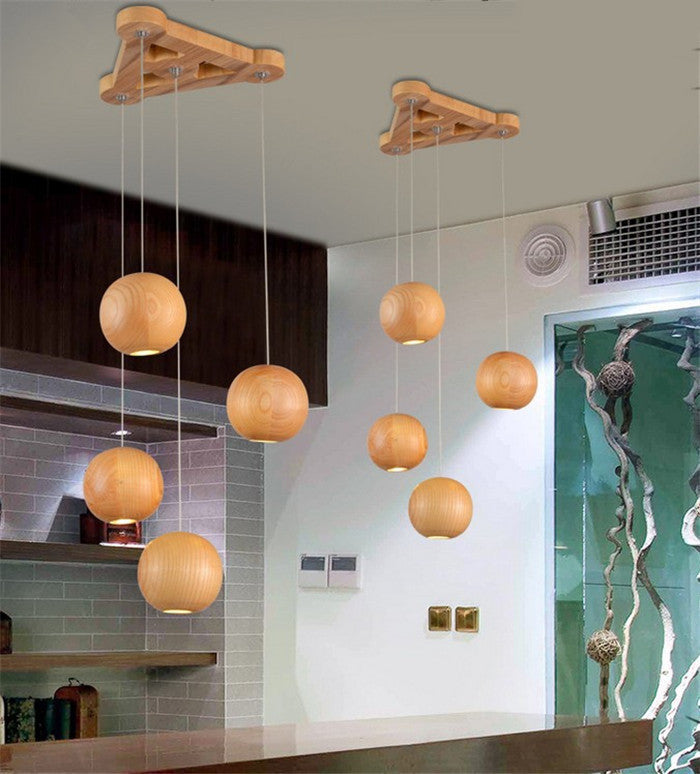 Nordic wood solid wood ball chandelier creative personality living room dining room hanging lamps