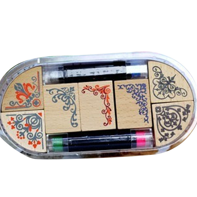 DIY Cute Seal Set Classical Corner Lace  2 Inkpad Pens  7 Pieces
