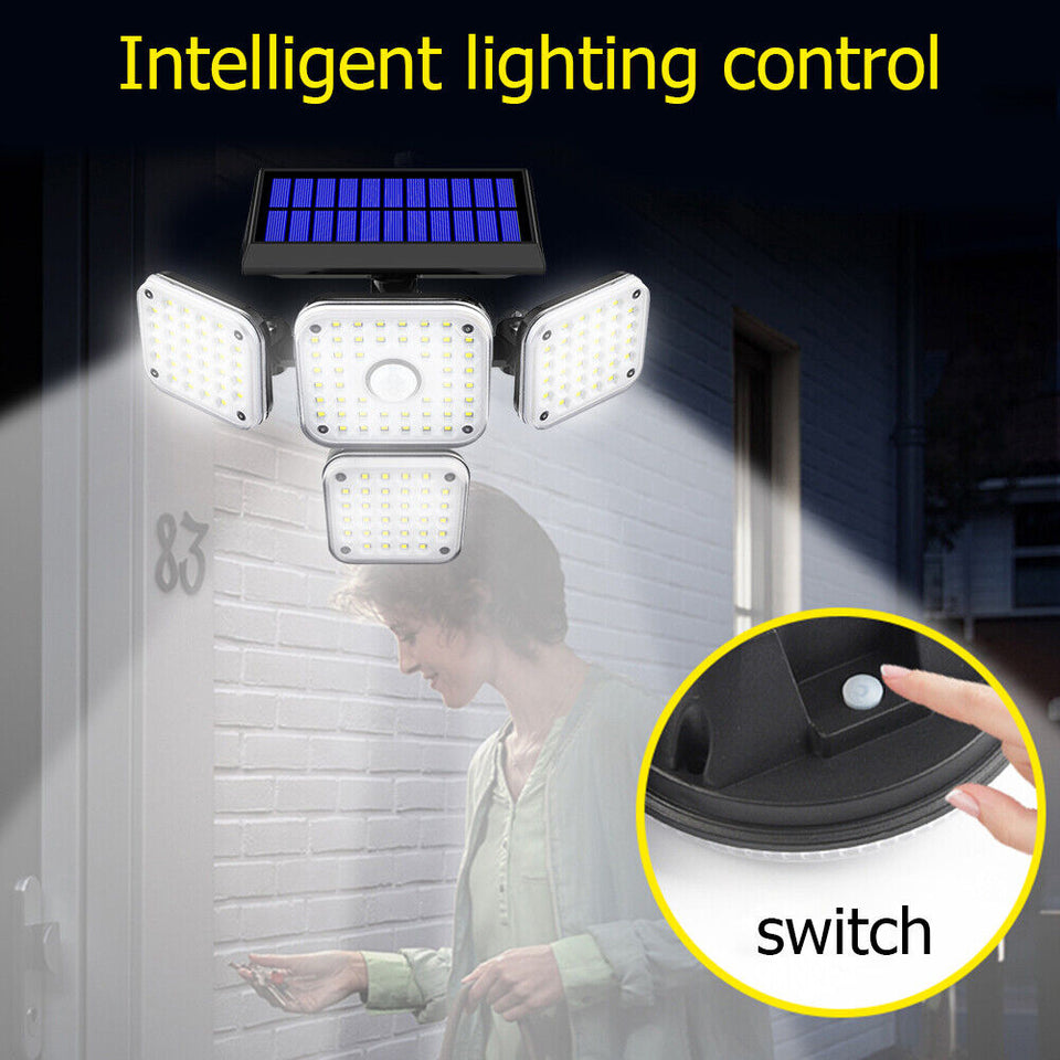 144 LED Solar Power PIR Motion Sensor Light 4-Head Outdoor Security Waterproof