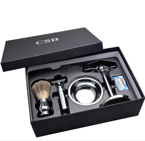 CSB Shaving Set Double Edge Safety Shaving Razor Men Badger Hair Brush Chrome Stand Mug Bowl Soap Kit 10 Free Blades