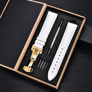 Unisex Double-sided Head Layer Cowhide Buckle Type Leather Watch Strap Bow Buckle Premium Needle Pattern