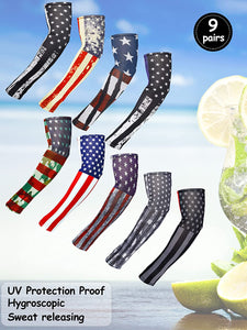 9 Pairs American Independence Day Arm Sleeves USA Flag Cooling Arm Covers Sun Protection Arm Guards Unisex Sports Arm Protection Basketball Cycling Ice Silk UV Protection Sleeves
