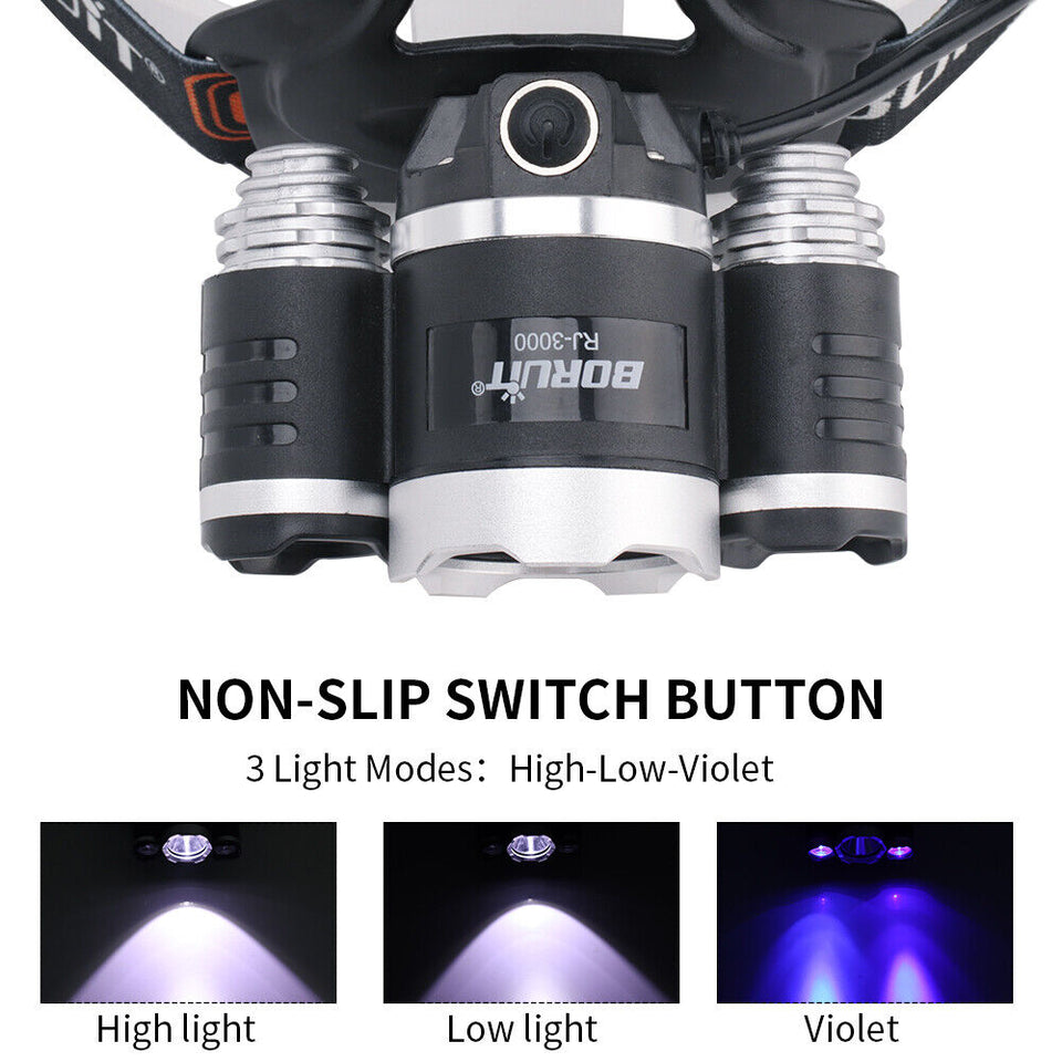 395nm Super Bright UV 3 LED Headlamp Rechargeable Violet Light Hunting Headlight