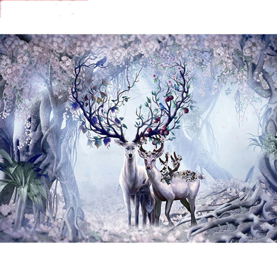 Full Square Round Deer Diamond Painting Animal Mosaic Forest Wall Art