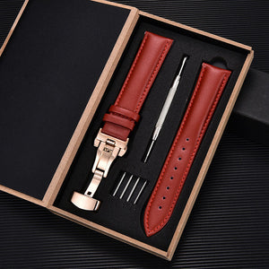 Unisex Double-sided Head Layer Cowhide Buckle Type Leather Watch Strap Bow Buckle Premium Needle Pattern