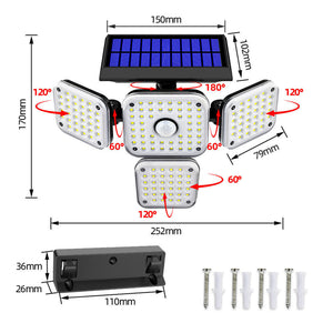 144 LED Solar Power PIR Motion Sensor Light 4-Head Outdoor Security Waterproof