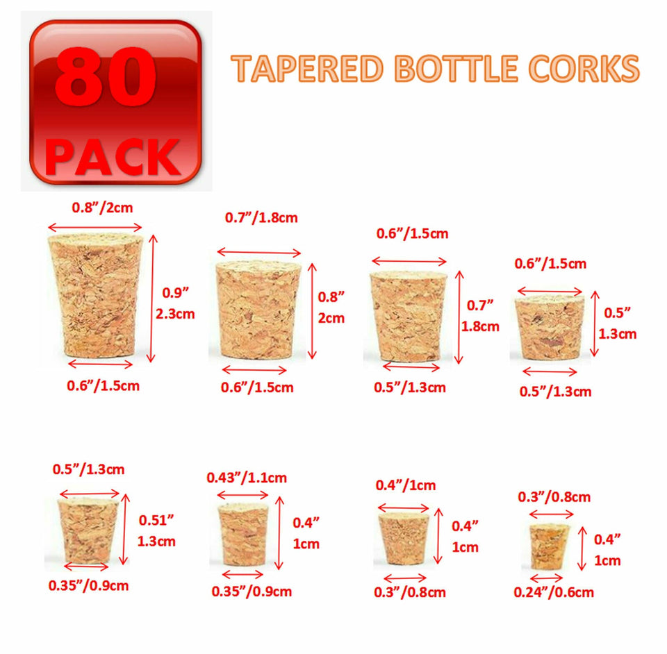 80 Pieces Tapered Cork Plugs Stoppers For Jars And Bottles 8 Sizes Assorted
