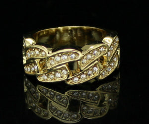 Mens Cuban Link Pinky Ring Icy Cz Band 14k Gold Plated Hip Hop Jewelry