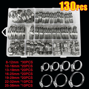 130pcs Adjustable Hose Clamps Worm Gear Stainless Steel Clamp Assortment 7 Sizes
