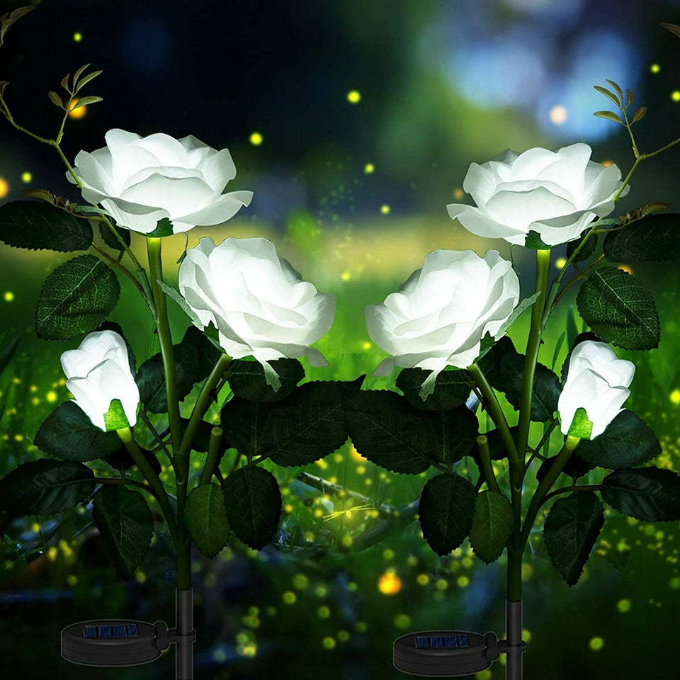 Outdoor Solar Power Garden Stake Lights White Rose LED Flower Lights Waterproof