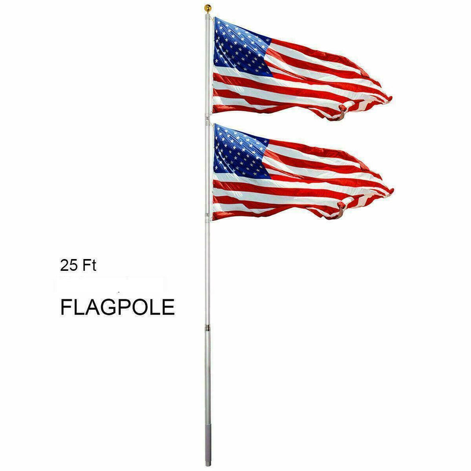 25FT Sectional Aluminum Flagpole + 2 US American Flag Pole Kit