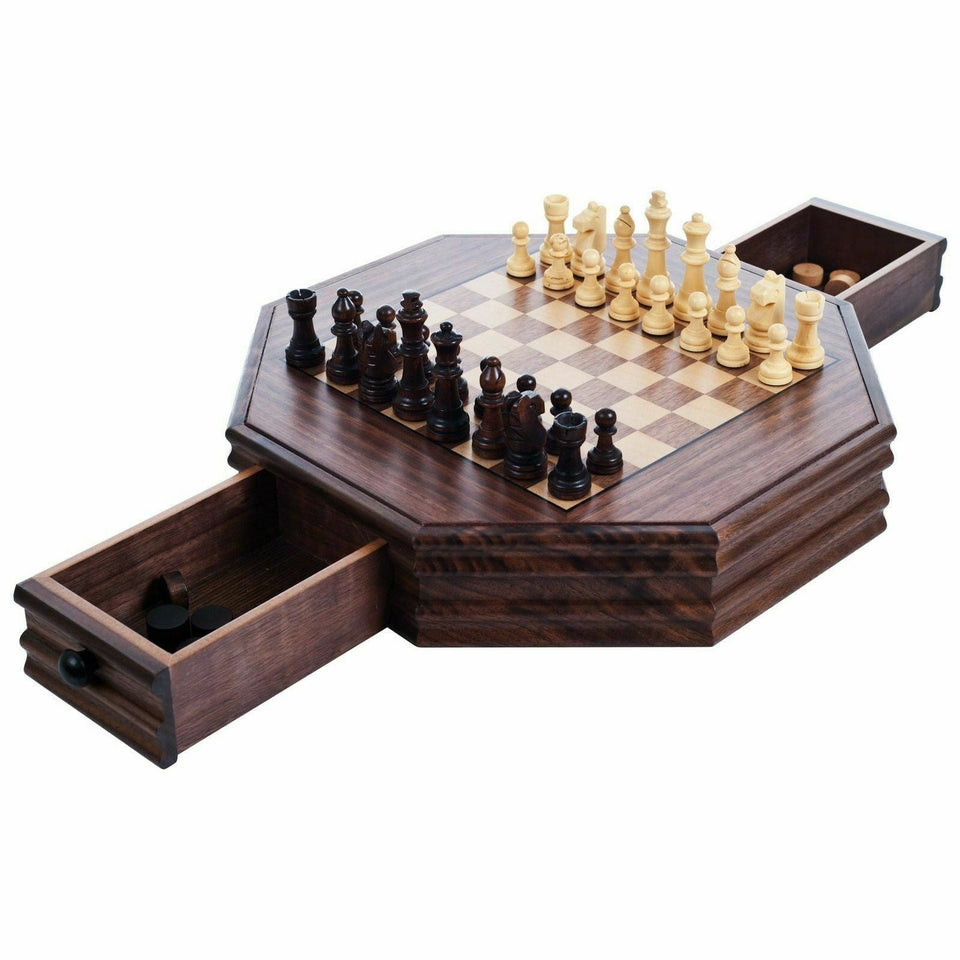 Octagon Wooden Chess and Checkers Set 13 Inch Storage Drawers Nice Office Set 886511142480