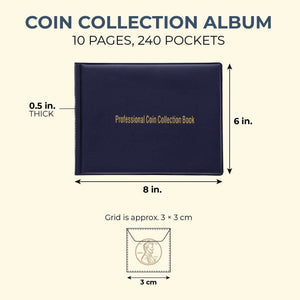 Coin Holder Book for Collectors, 10 Pages Hold 240 Coins  for Collection, 8x6 In 843128196053