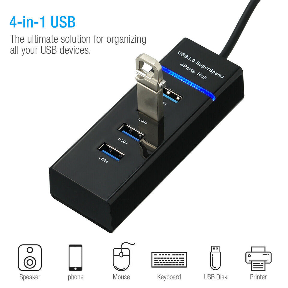 USB 3.0 Hub 4-Port Adapter Charger Data Sync Super Speed PC Mac Laptop Desktop