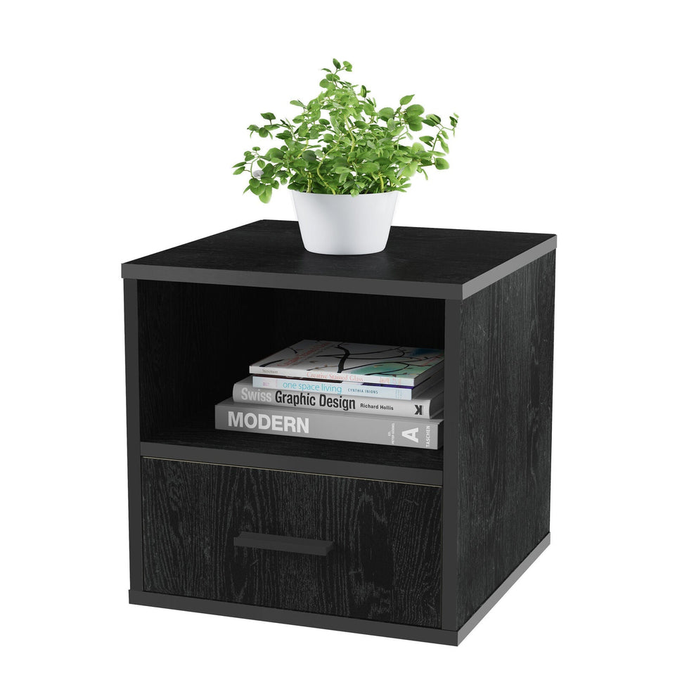 Black End Table Cube Accent Table 16 Inches with Drawer Bedroom Livingroom
