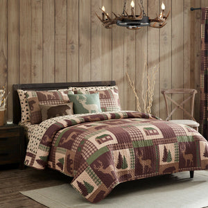 King, Queen, or Twin Quilt Set Rustic Cabin Lodge Deer Bear Coverlet Bedspread