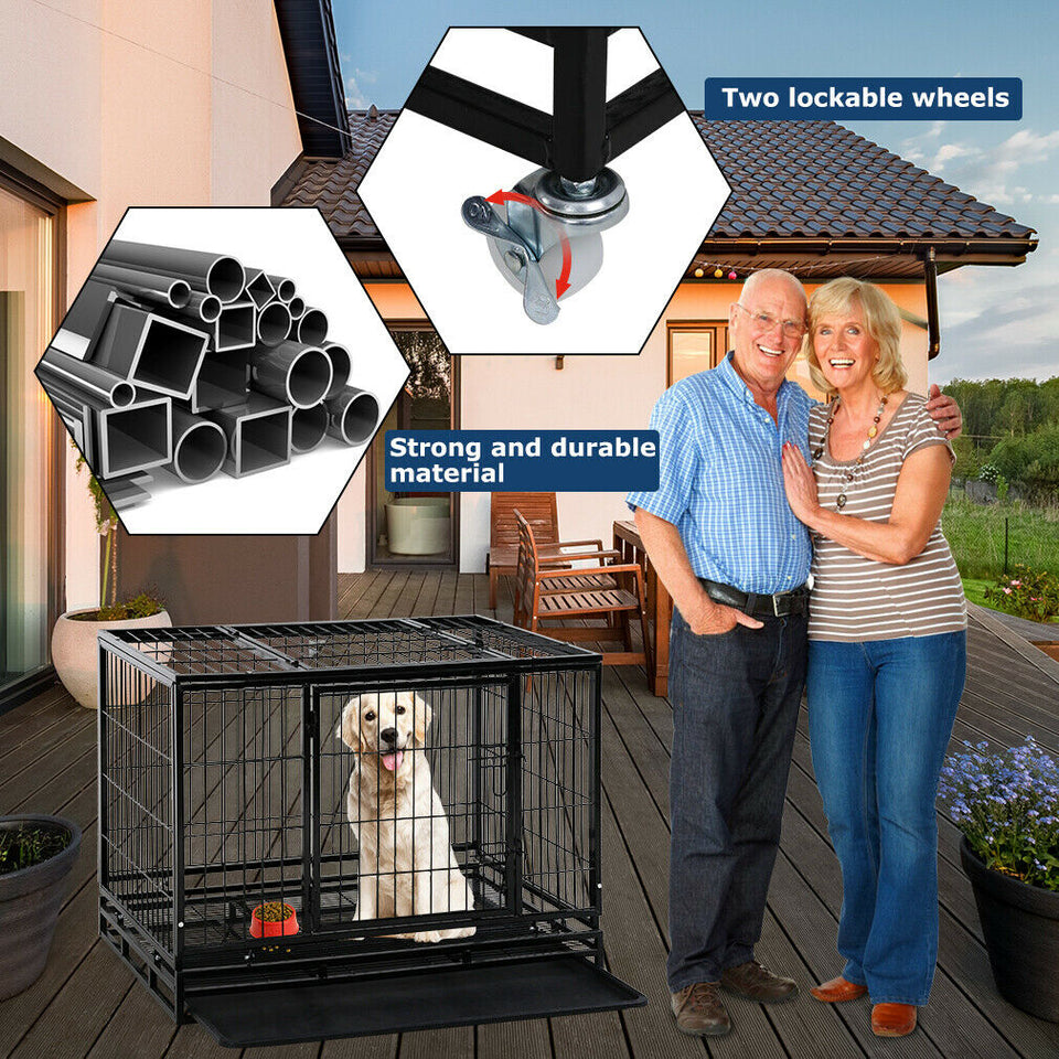 Dog Crate Cage 36"/42"/48" Dog Kennel Pet Playpen Plastic Tray Double Doors