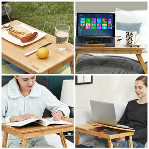 Hiveseen Bamboo Laptop Bed Desk Table Tray with Foldable Pull Down Legs and Stor