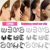 12PCS Women Men Stainless Steel Ear Clips on Wrap Cuff Earrings Set Non Piercing