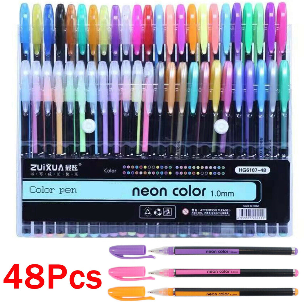 48Pcs Glitter Metallic Gel Pen Set for Adult Coloring Books Art Drawing Writing