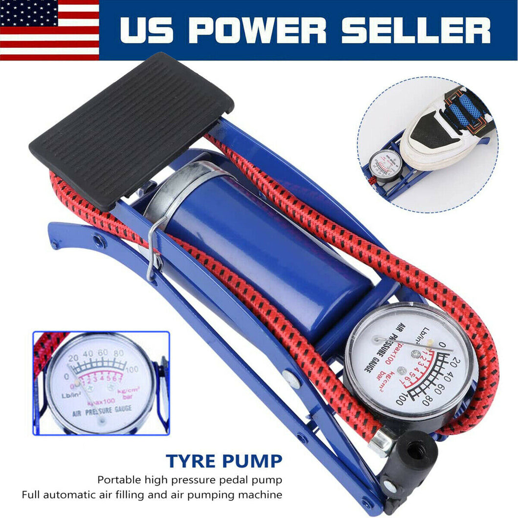 FOOT AIR PUMP INFLATES UP TO 100PSI FOR VEHICLE TIRES, BICYCLE, BIKE & BALLS
