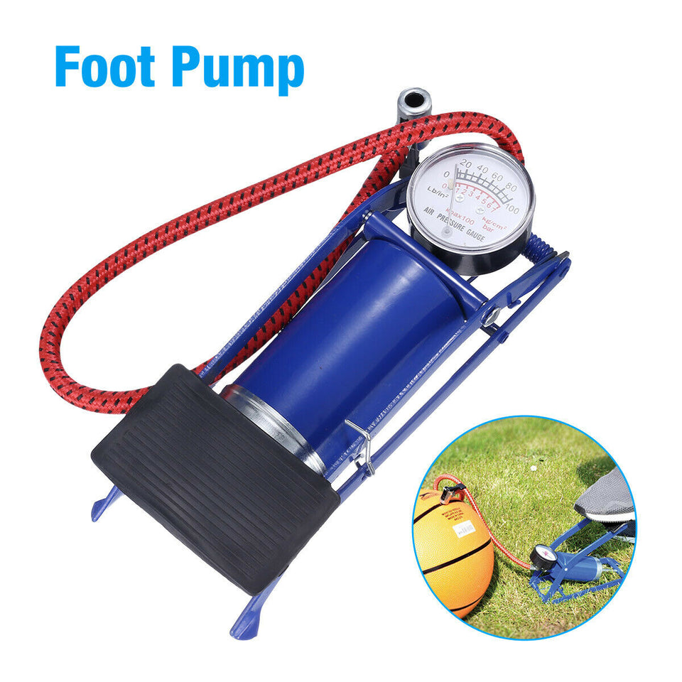 FOOT AIR PUMP INFLATES UP TO 100PSI FOR VEHICLE TIRES, BICYCLE, BIKE & BALLS