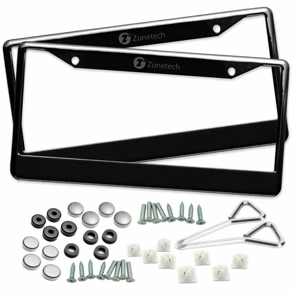 Zone Tech 2x Black Stainless Steel Metal License Plate Frame Tag Cover Screw Cap
