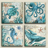 Bathroom Decor Wall Art Beach Theme Teal Canvas Prints 12"x12" Teal Sea Turtle