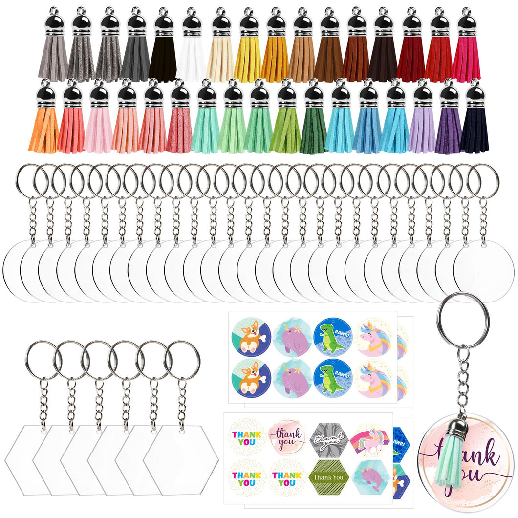 128Pc Acrylic Keychain Blanks with Tassels Kit Bulk Circle Disc for DIY Crafting
