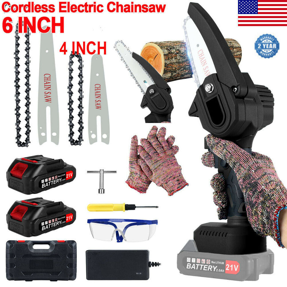 6"+4" Handheld Cordless Electric Mini Chainsaw Wood Cutter Tool w/ 2 Battery