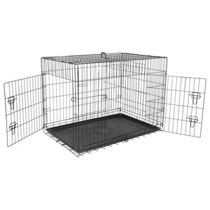 24" 36" 42" Durable Dog Crate Kennel Folding Metal Pet Cage 2 Door With Tray Pan