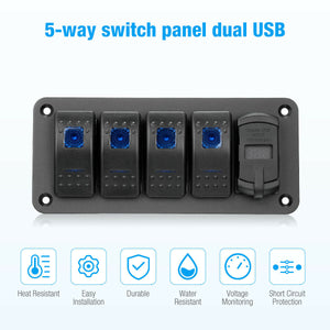 5 Gang Toggle Rocker Switch Panel with USB for Car Boat Marine RV Truck Blue LED