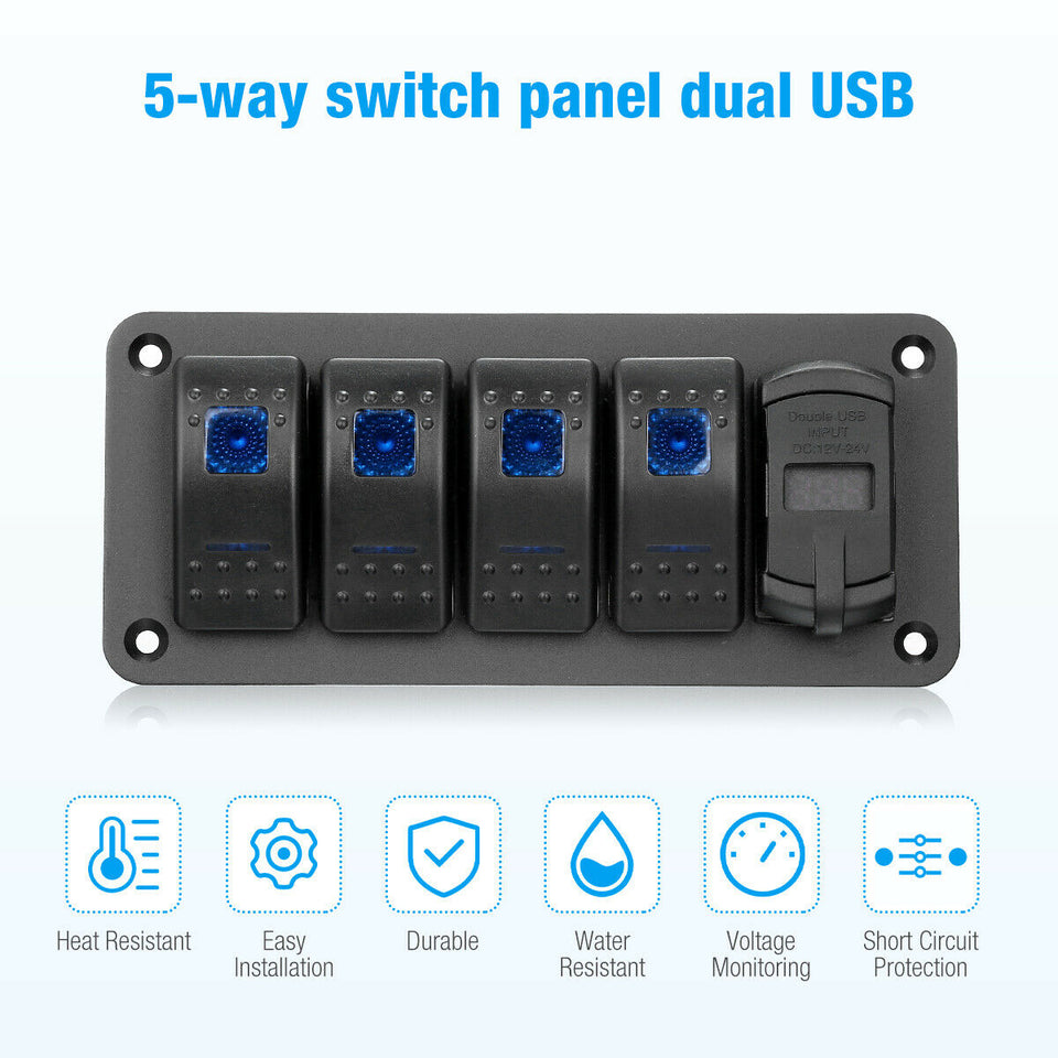 5 Gang Toggle Rocker Switch Panel with USB for Car Boat Marine RV Truck Blue LED