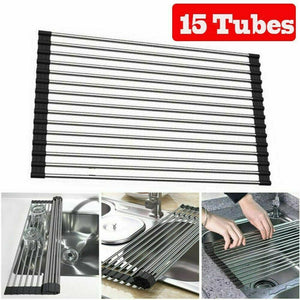 Roll Up Dish Drying Rack Over the Sink Stainless Steel Drainer Dish Kitchen Mat