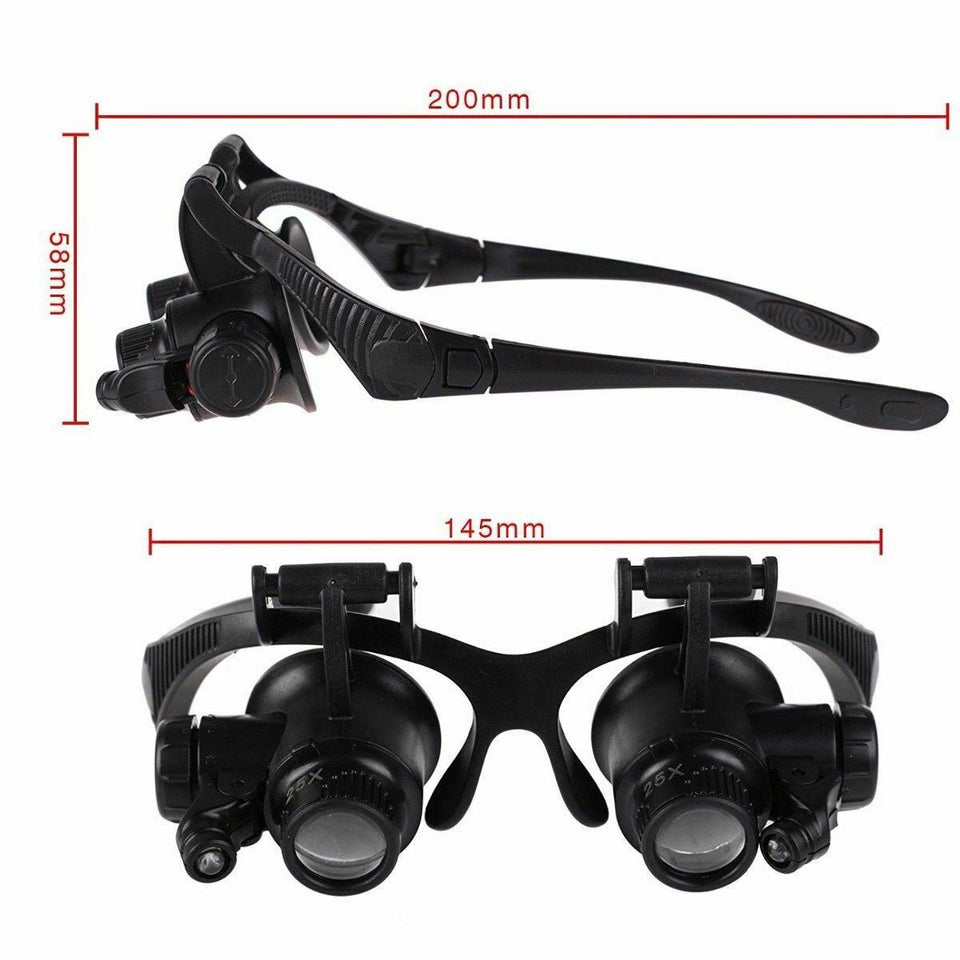 Double Eye Jewelry Watch Repair Magnifier Loupe Glasses With LED Light 8 Lens US