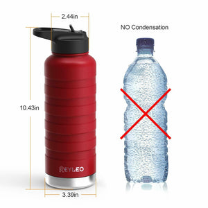 REYLEO Water Bottle with Straw Lid- 24 Oz Black, 2 Lids, 18/8 Stainless Steel Va