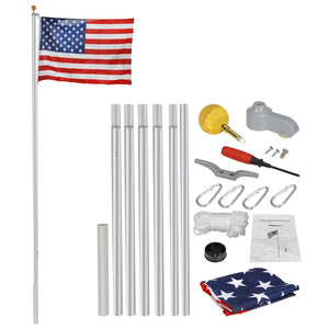 Heavy Duty Aluminum 20' Sectional Flag Pole Kit w/ 3' x 5' US Flag Gold Ball Kit