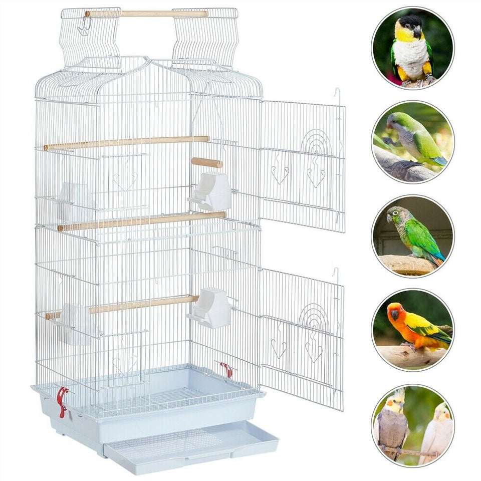 41’’ H White Open Top Metal Birdcage Parrot Cage with Slide-out Tray 4 Feeders