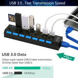 7 Port USB 3.0 Hub On/Off Switch High Speed Splitter AC Adapter Cable PC Laptop