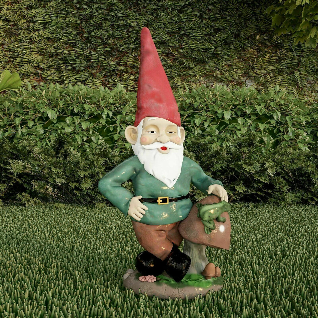 Gnome with Mushroom Statue Resin Figurine Garden Flower Bed Outdoor Lawn 14 In