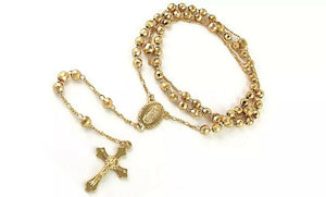 18K Gold Plated 24" Diamond Cut  Rosary Jesus Cross Charm Necklace