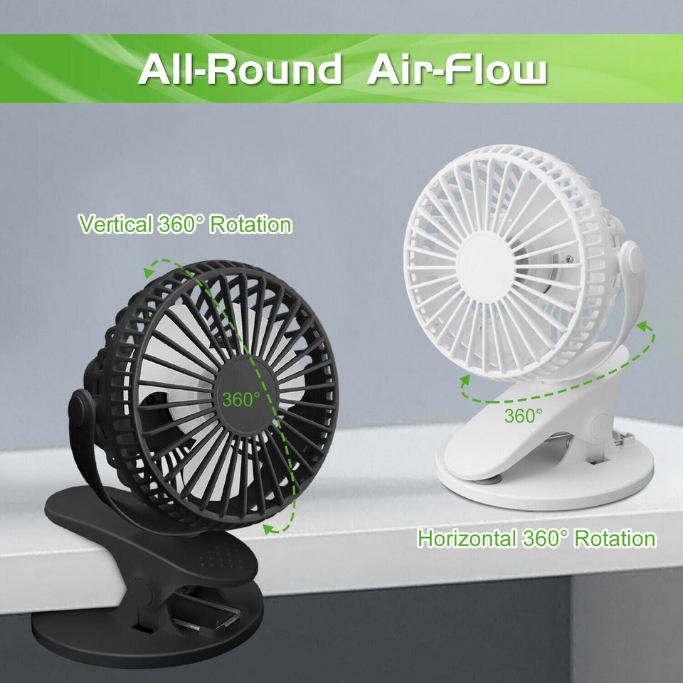 Portable 3 Speeds USB Rechargeable Mini Cooling Fan Clip On Desk Baby Stroller