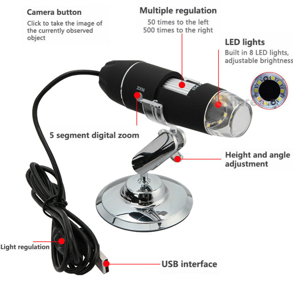 2MP 1000X 8 LED USB Digital Microscope Endoscope Zoom Camera Magnifier + Stand