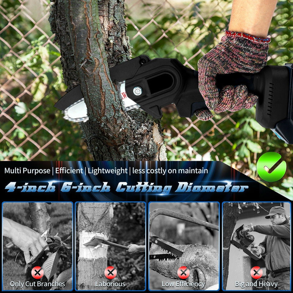 6"+4" Handheld Cordless Electric Mini Chainsaw Wood Cutter Tool w/ 2 Battery