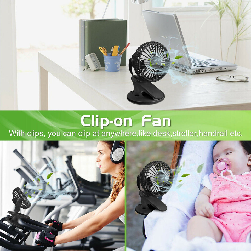 Portable 3 Speeds USB Rechargeable Mini Cooling Fan Clip On Desk Baby Stroller