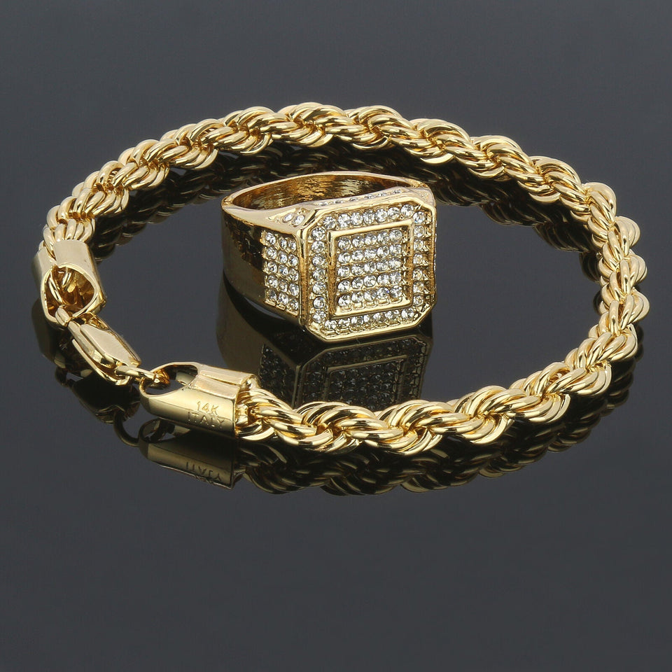 14k Gold Plated Rope Bracelet, Rectangle Fully Cz Ring Round Hip Hop Style Pinky