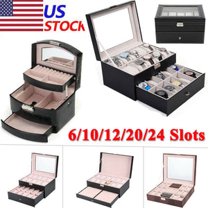 6 10 12 20 Slots Leather Watch Box Display Glass Jewelry Case Organizer Storage