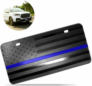 Zone Tech Tactical Blue Line Police American Flag License Plate Matte Black USA